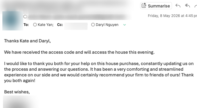 Client thank-you email after settlement in North Epping NSW