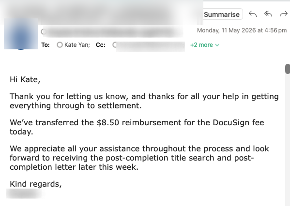 Client thank-you email after settlement in Norman Gardens QLD