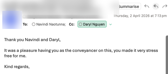 Client thank-you email after purchase in Melton VIC