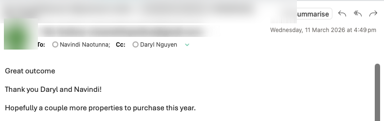 Client thank-you email after settlement in Pakenham VIC