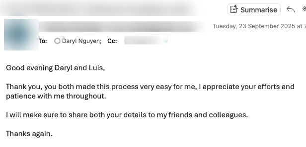 Client thank-you email after settlement completion