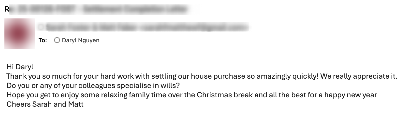 Client thank-you email after settlement completion asking about wills
